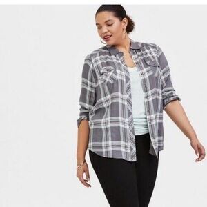 Torrid Blouse Womens 3X Gray Challis Long Sleeve Plaid Button Down Shirt NEW